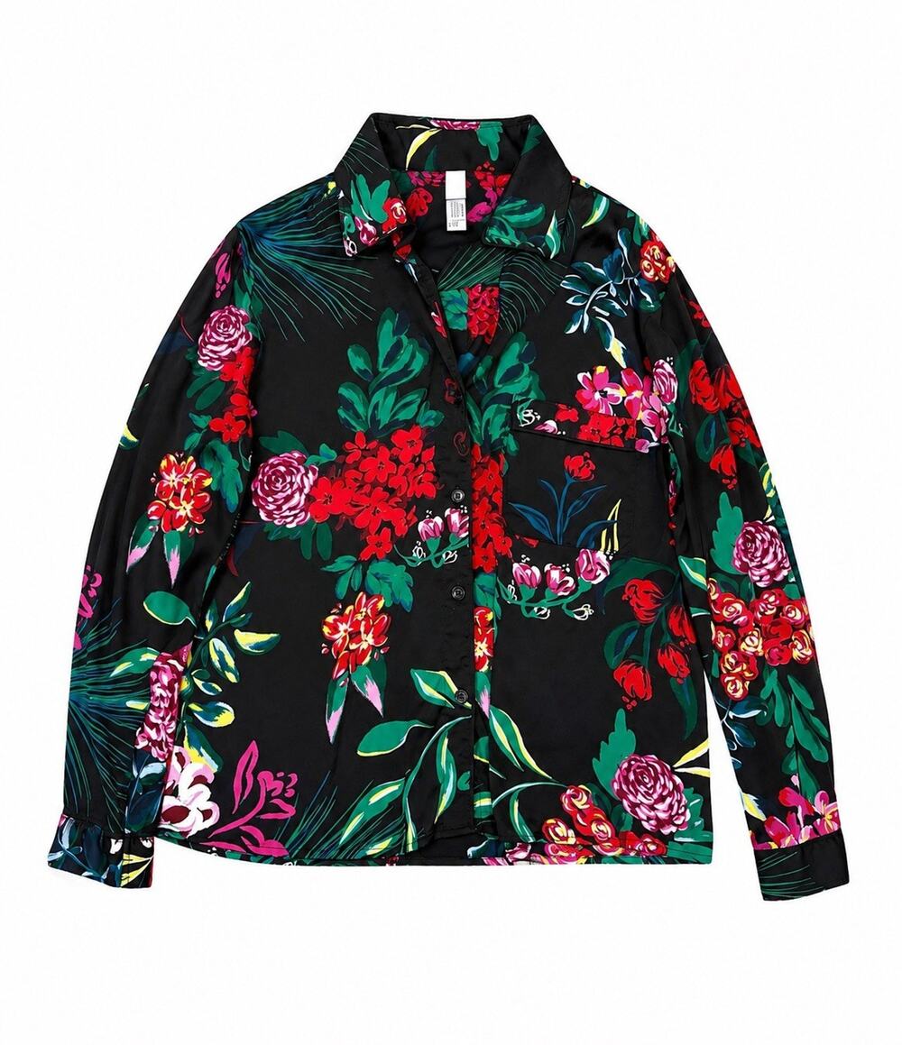 Stars Above Womens Pajama Top Shirt Floral Print Black Satin Button Up Size L EU